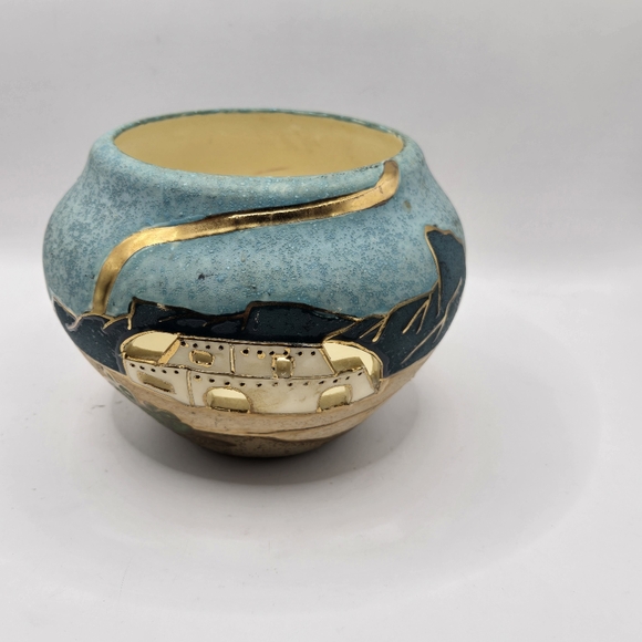 Gina Arrighette Southwestern Pueblo cactus Desert Art Pottery Gold Gilt Vase 22k - Picture 14 of 16